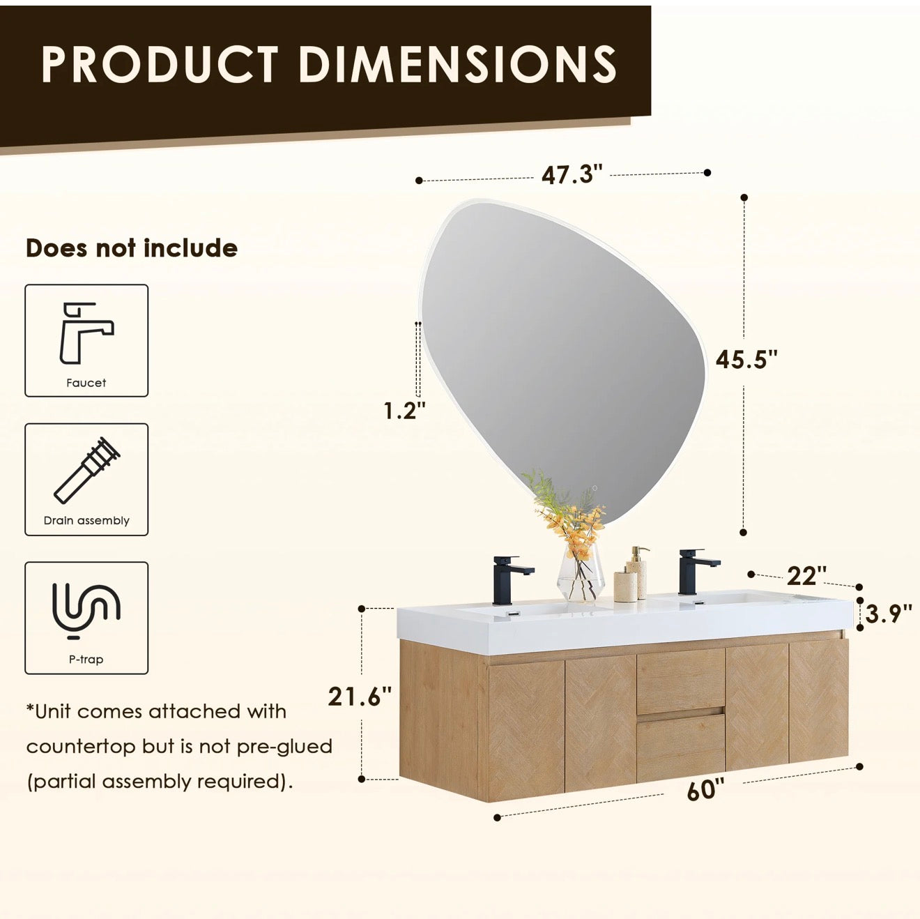 Altair Siena 60" Wall-mounted Double Bathroom Vanity in Light Brown with White Artificial Drop-in Sink