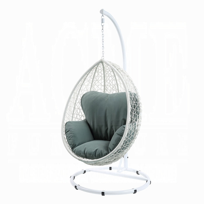 ACME Green Fabric & White Wicker Simona Hanging Chair