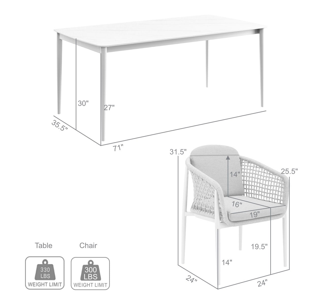 Armen Living  Rhodes Outdoor Patio 5 Piece Dining Set in Aluminum with Sintered Stone and Gray Cushions