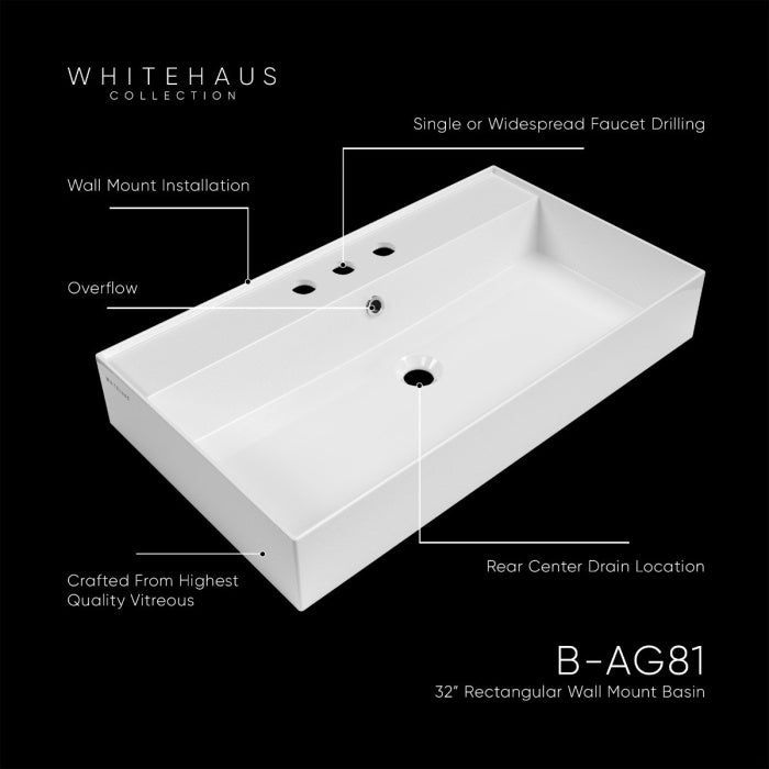 Whitehaus 32" Rectangular Wall Mount Basin with Single Faucet Drilling and Overflow