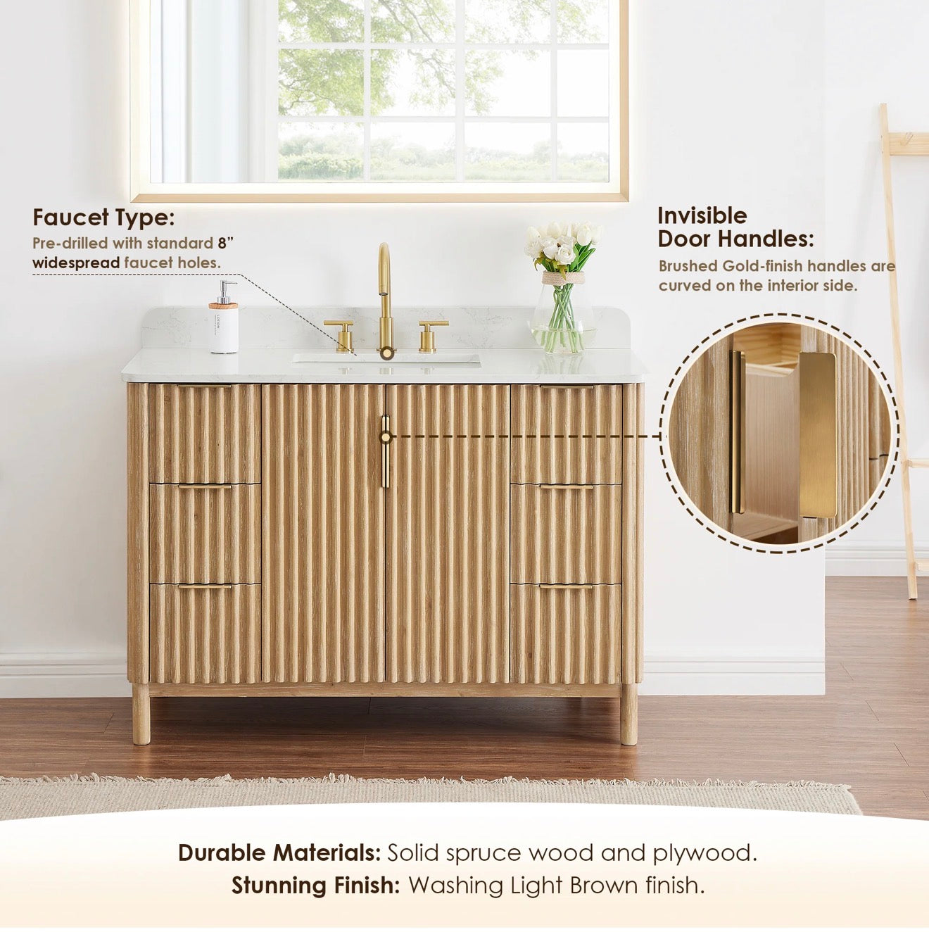 Altair Sierra 48" Single Bathroom Vanity in Washed Light Brown with Grain White Engineered Stone Countertop