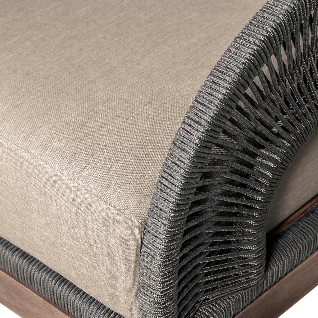 Armen Living Orbit Outdoor Patio 4 Piece Conversation Set in Weathered Eucalyptus Wood with Gray Rope and Taupe Olefin Cushions