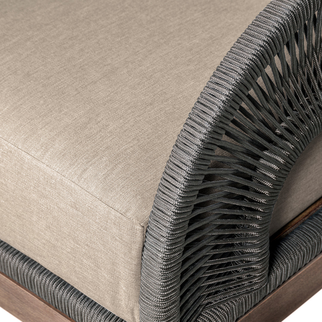 Armen Living Orbit Outdoor Patio 4 Piece Conversation Set in Weathered Eucalyptus Wood with Gray Rope and Taupe Olefin Cushions