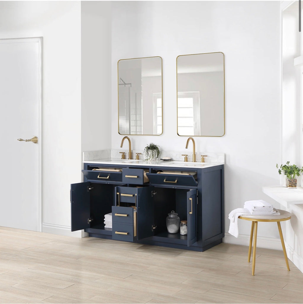 Altair Gavino 60" Double Bathroom Vanity in Light Brown with Grain White Engineered Stone Countertop without Mirror