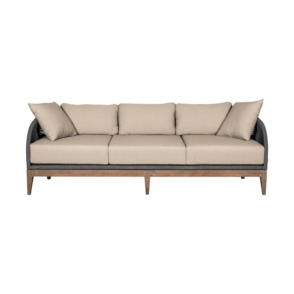 Armen Living Orbit Outdoor Patio Sofa in Weathered Eucalyptus Wood with Gray Rope and Taupe Olefin Cushions