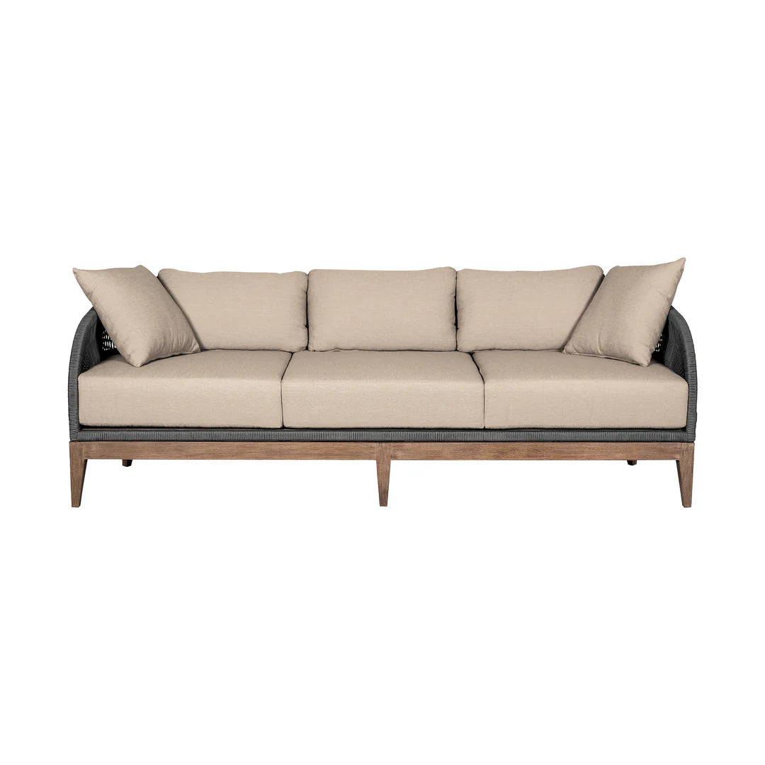 Armen Living Orbit Outdoor Patio Sofa in Weathered Eucalyptus Wood with Gray Rope and Taupe Olefin Cushions