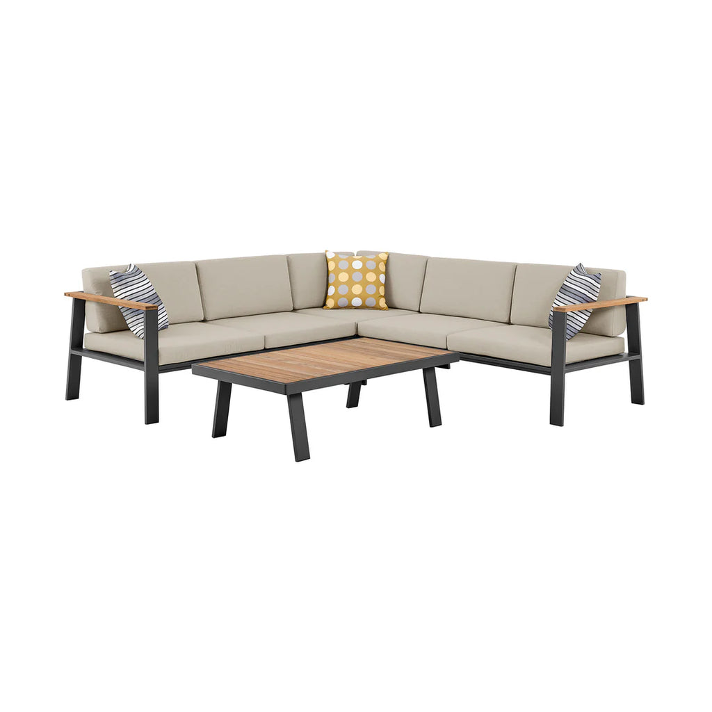 Armen Living Nofi Outdoor Patio Sectional Set in Charcoal Finish with Taupe Cushions and Teak Wood