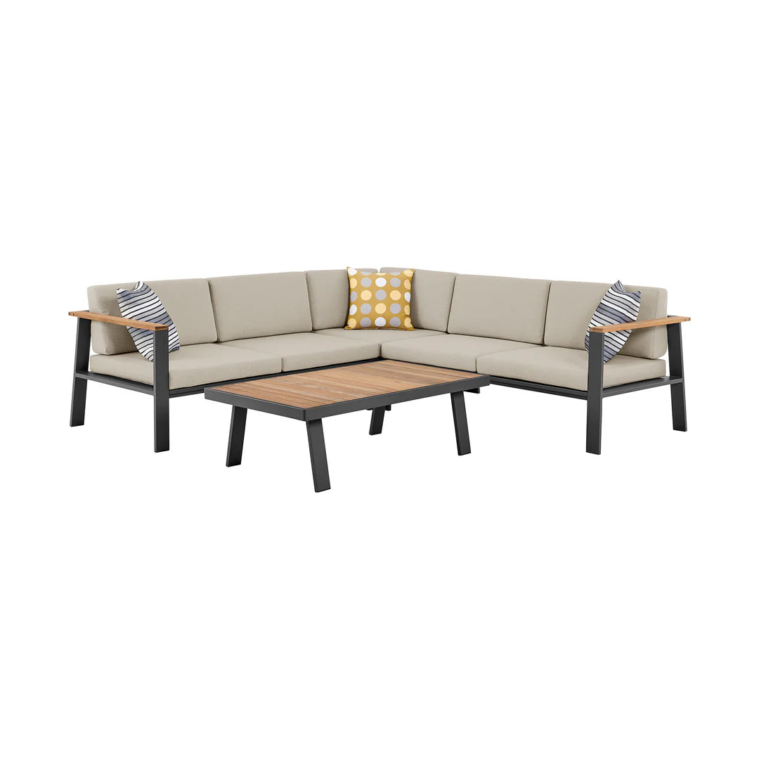 Armen Living Nofi Outdoor Patio Sectional Set in Charcoal Finish with Taupe Cushions and Teak Wood