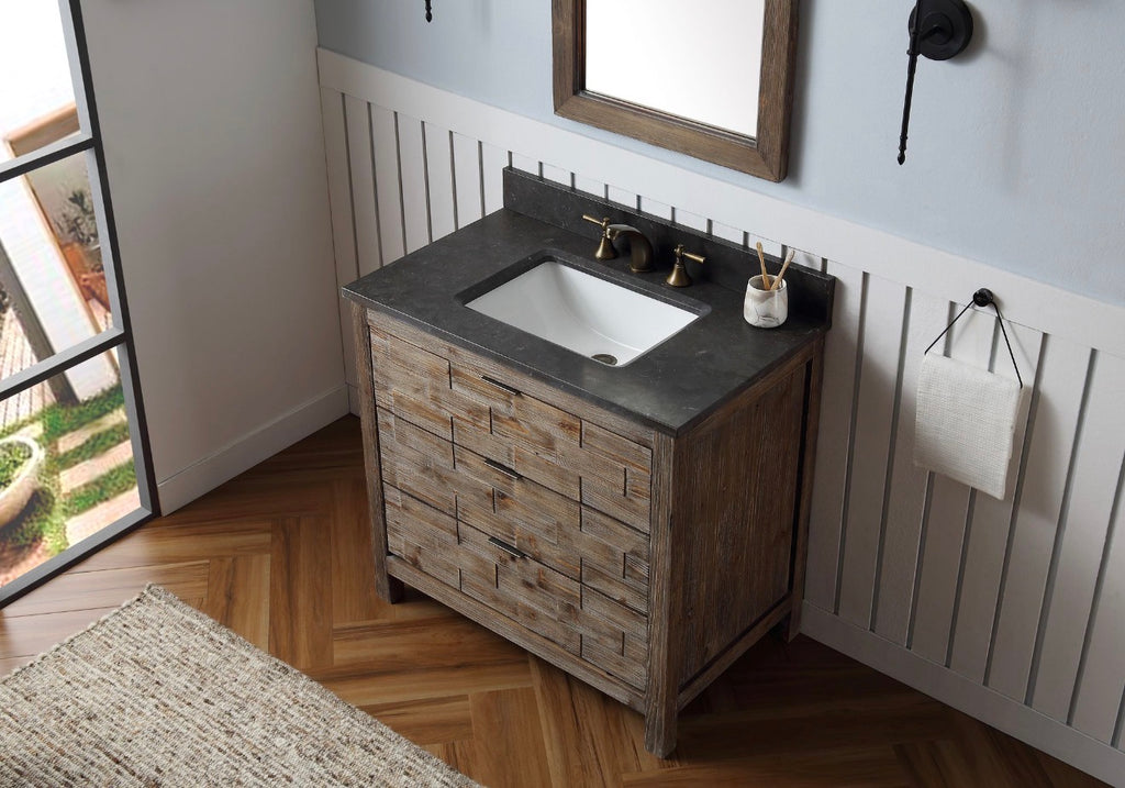 Legion Furniture 36" Rustic Solid Wood Bathroom Vanity with Moon Stone Marble Top – No Faucet