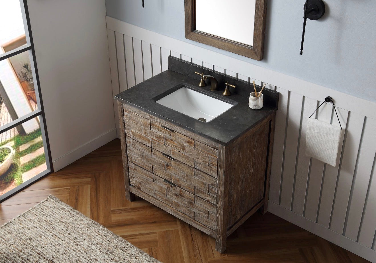 Legion Furniture 36" Rustic Solid Wood Bathroom Vanity with Moon Stone Marble Top – No Faucet