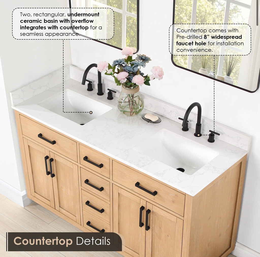 Altair Gavino 60" Double Bathroom Vanity in Light Brown with Grain White Engineered Stone Countertop without Mirror