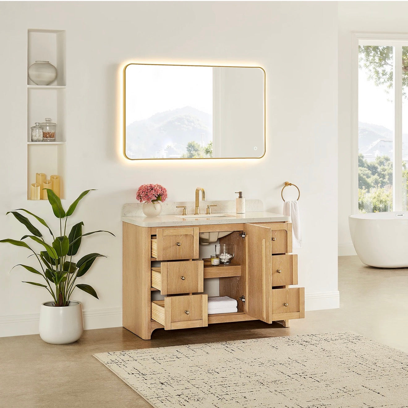 Altair Milner Bathroom Vanity in Brushed Oak with Grain White Engineered Stone Countertop without Mirror