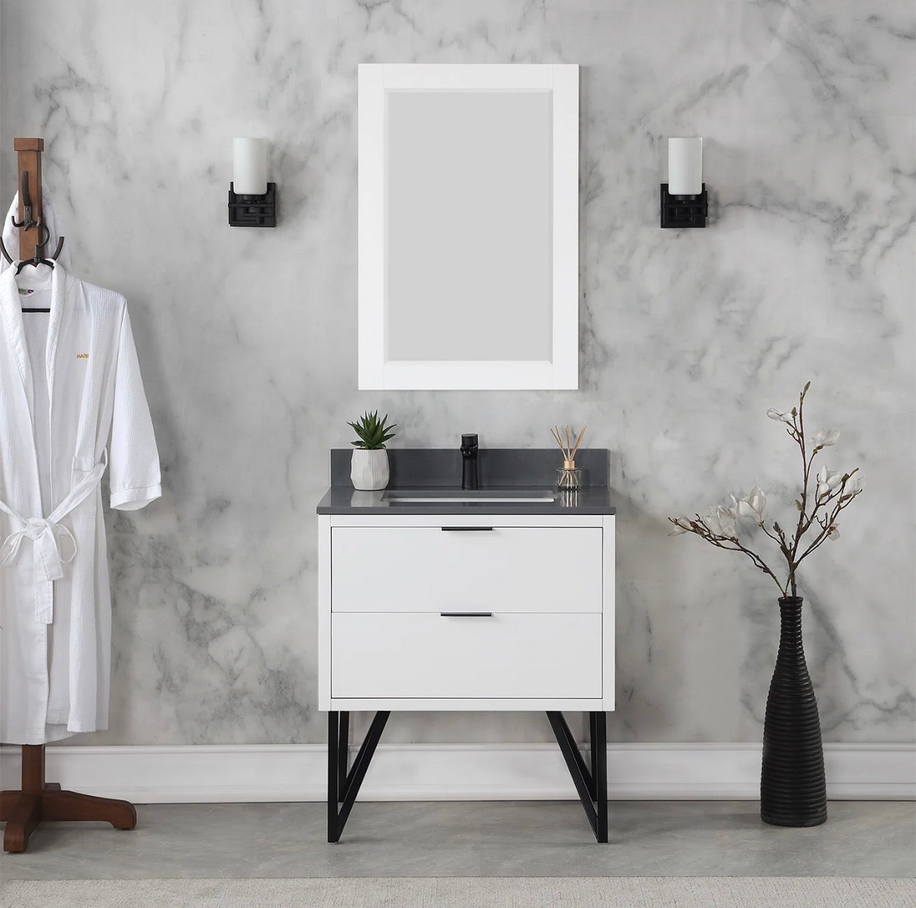 Altair Helios 30" Single Bathroom Vanity in White with Concrete Gray Engineered Stone Countertop