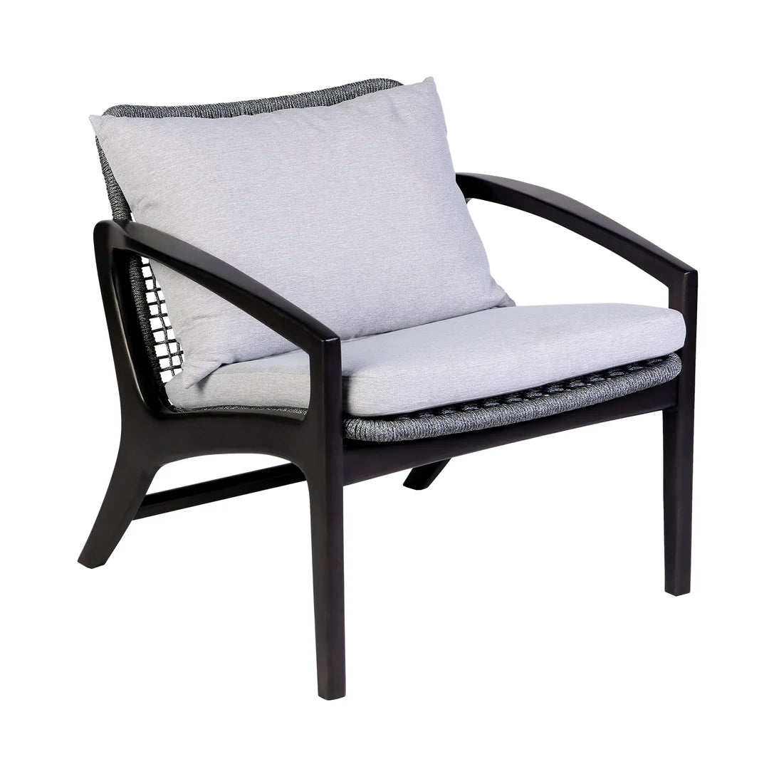 Armen Living Beckham 4 Piece Outdoor Patio Seating Set in Dark Eucalyptus Wood with Gray Rope and White Cushions
