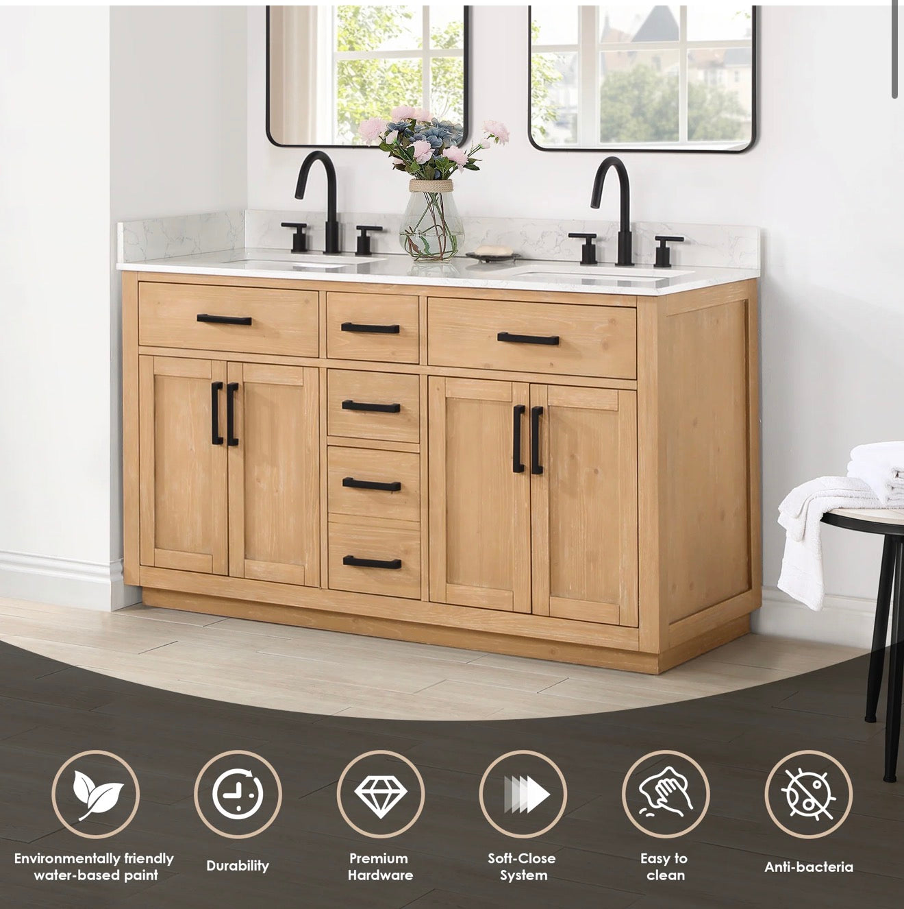 Altair Gavino 60" Double Bathroom Vanity in Light Brown with Grain White Engineered Stone Countertop without Mirror