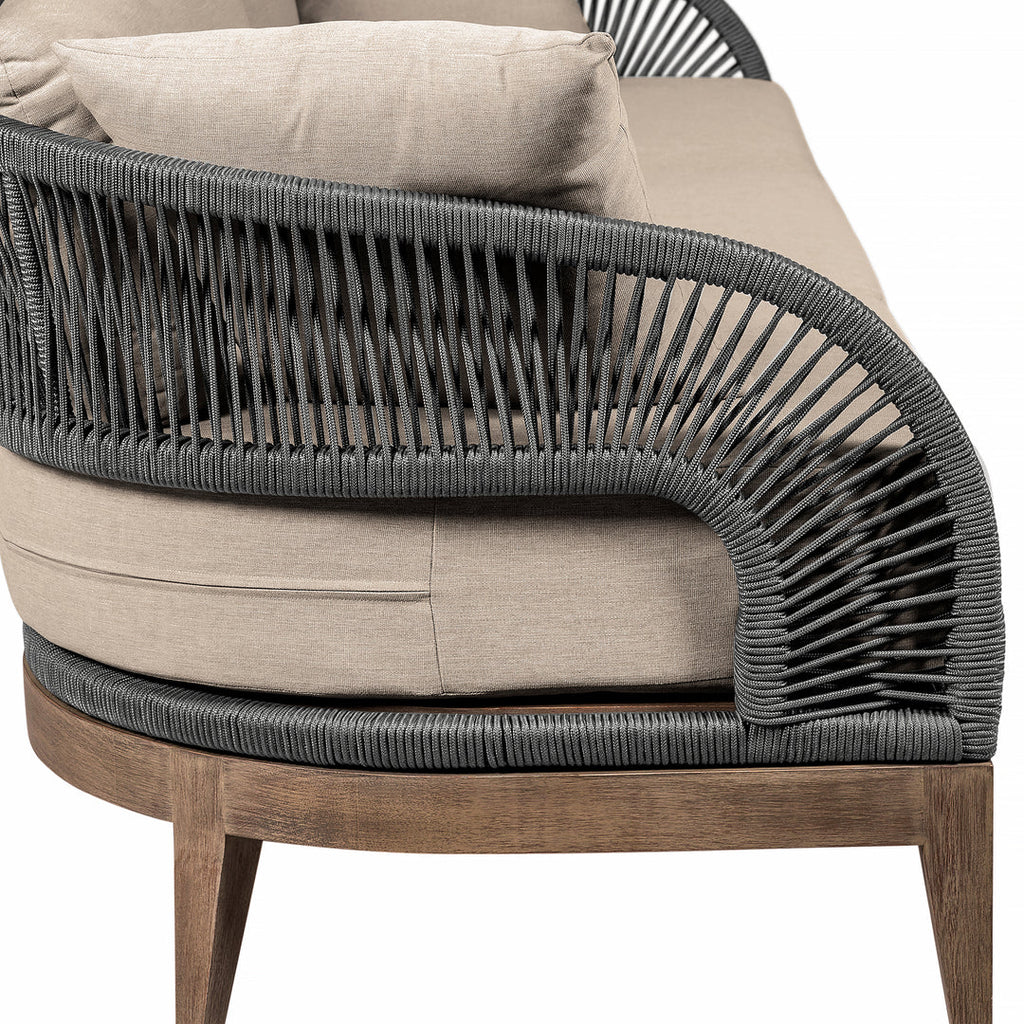 Armen Living Orbit Outdoor Patio Sofa in Weathered Eucalyptus Wood with Gray Rope and Taupe Olefin Cushions