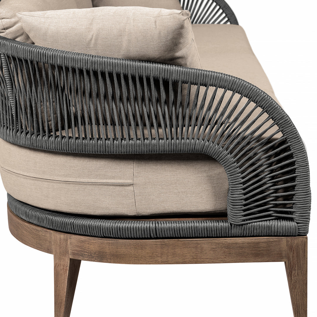 Armen Living Orbit Outdoor Patio Sofa in Weathered Eucalyptus Wood with Gray Rope and Taupe Olefin Cushions
