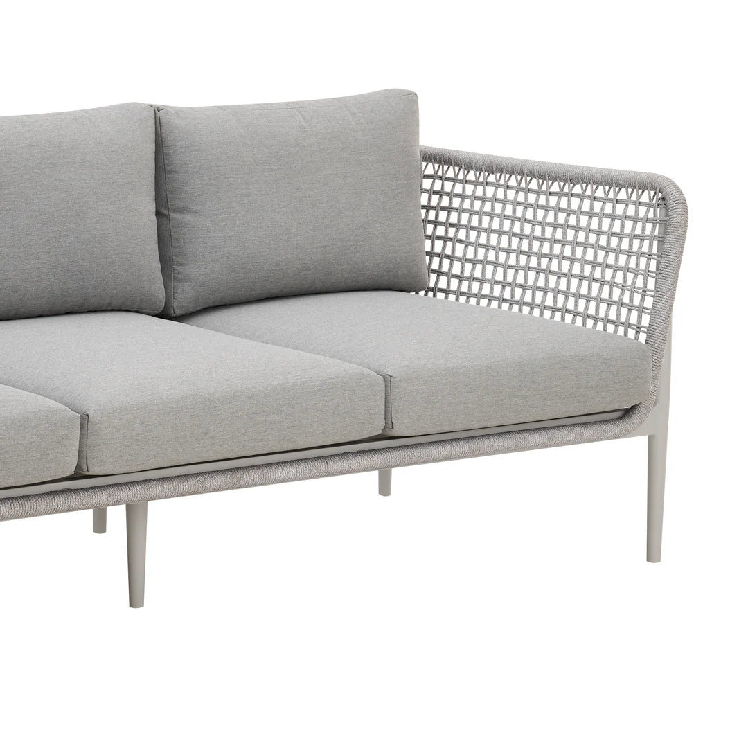 Armen Living Rhodes Outdoor Patio Sofa in Aluminum with Light Gray Rope and Cushions