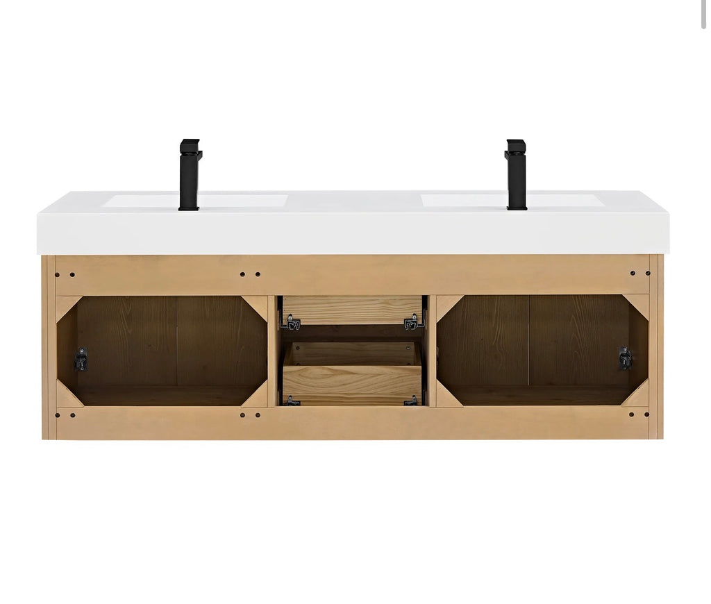 Altair Siena 60" Wall-mounted Double Bathroom Vanity in Light Brown with White Artificial Drop-in Sink
