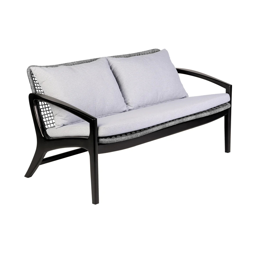 Armen Living Beckham 4 Piece Outdoor Patio Seating Set in Dark Eucalyptus Wood with Gray Rope and White Cushions