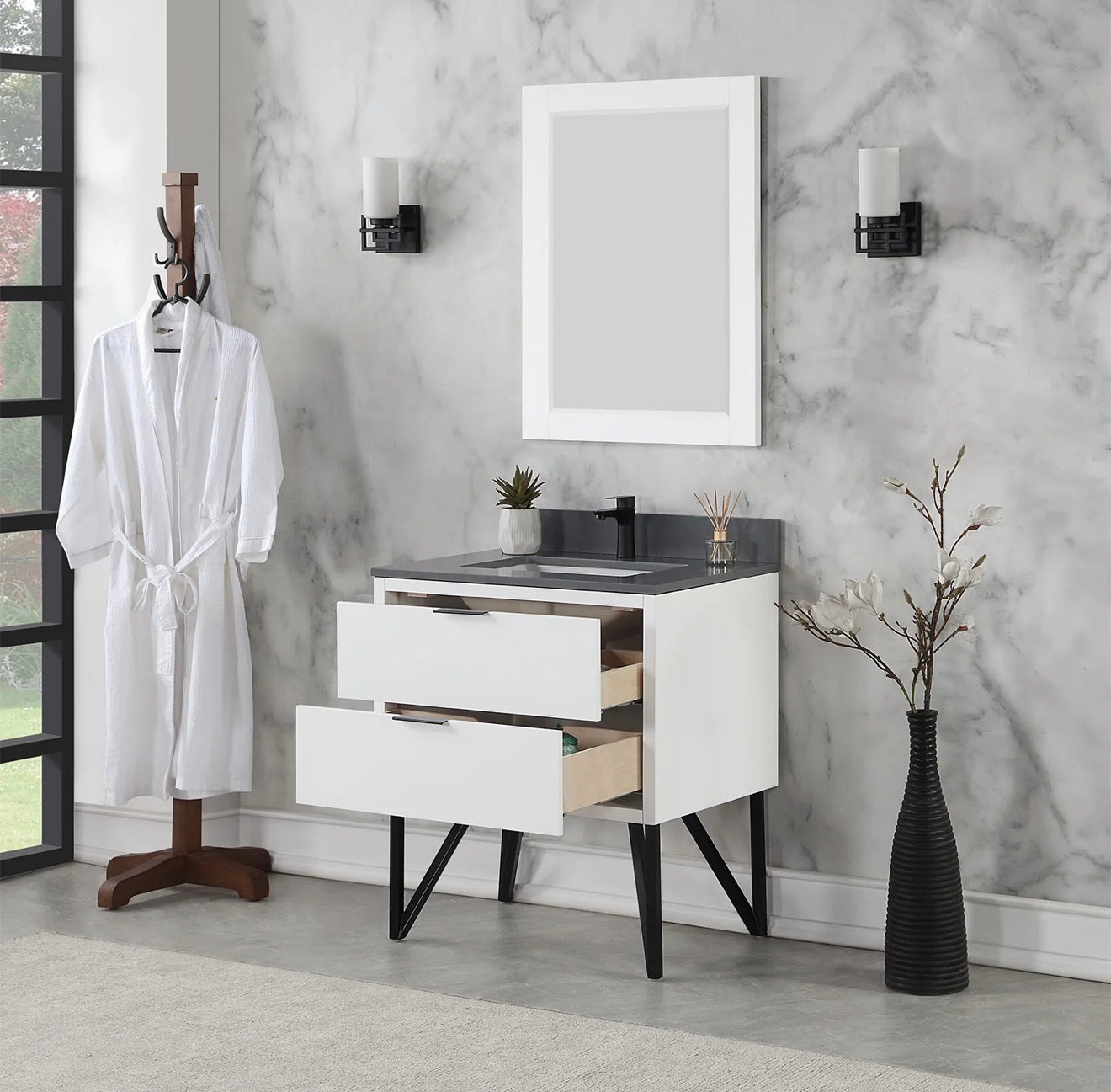Altair Helios 30" Single Bathroom Vanity in White with Concrete Gray Engineered Stone Countertop