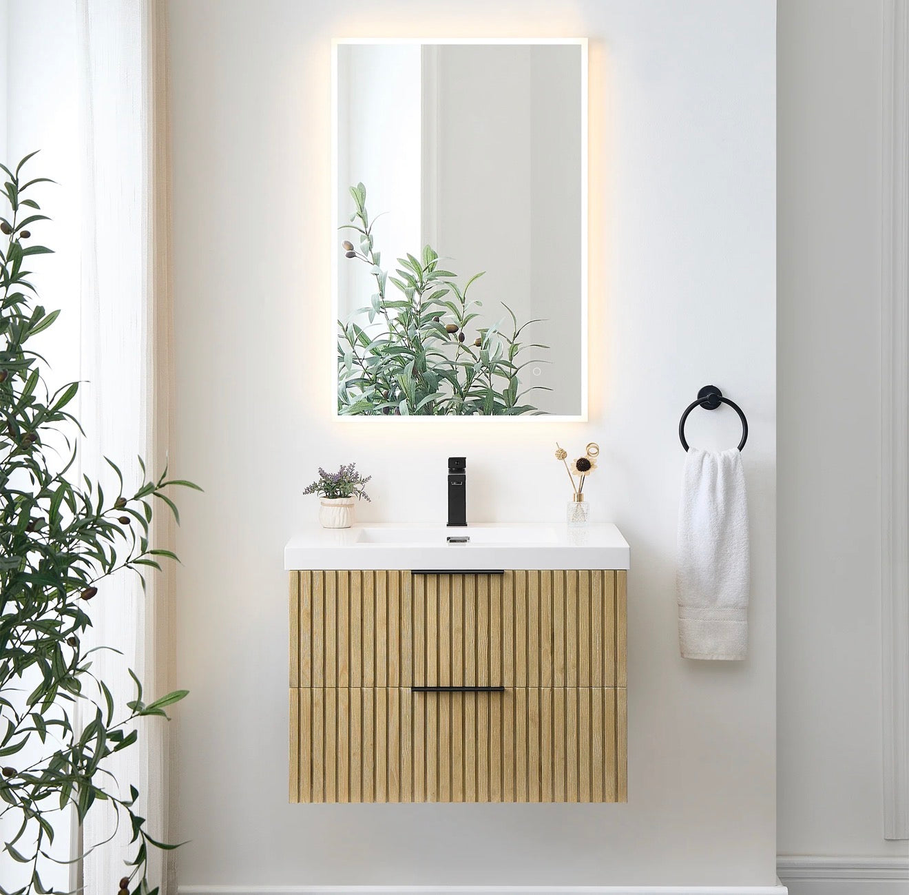 Altair Livia 30" Wall-mounted Single Bathroom Vanity in Nature Brown with White Artificial Drop-in Sink without Mirror