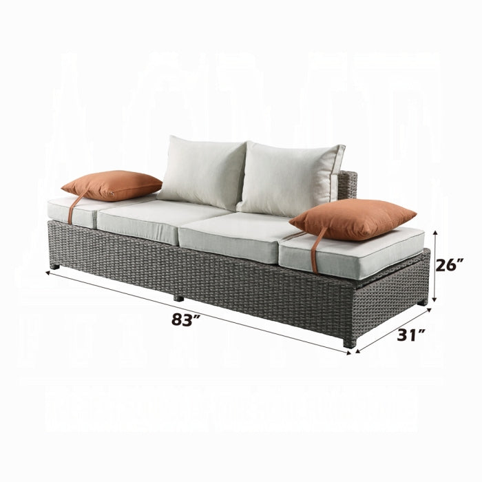 ACME Beige Fabric & Gray Wicker Salena Patio Sofa W/2 Pillows & Ottoman