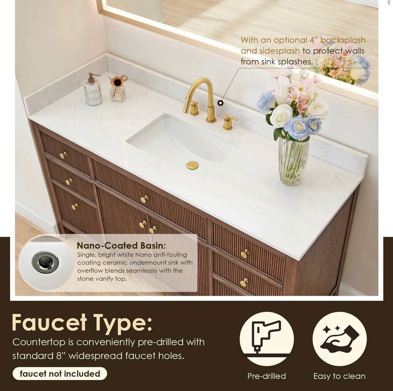 Altair Cerrito 60" Single Bathroom Vanity with Grain White Engineered Stone Countertop without Mirror