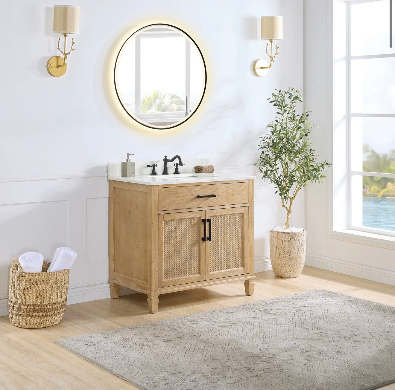 Altair Solana 36" Single Bathroom Vanity in Weathered Fir with Calacatta White Quartz Countertop