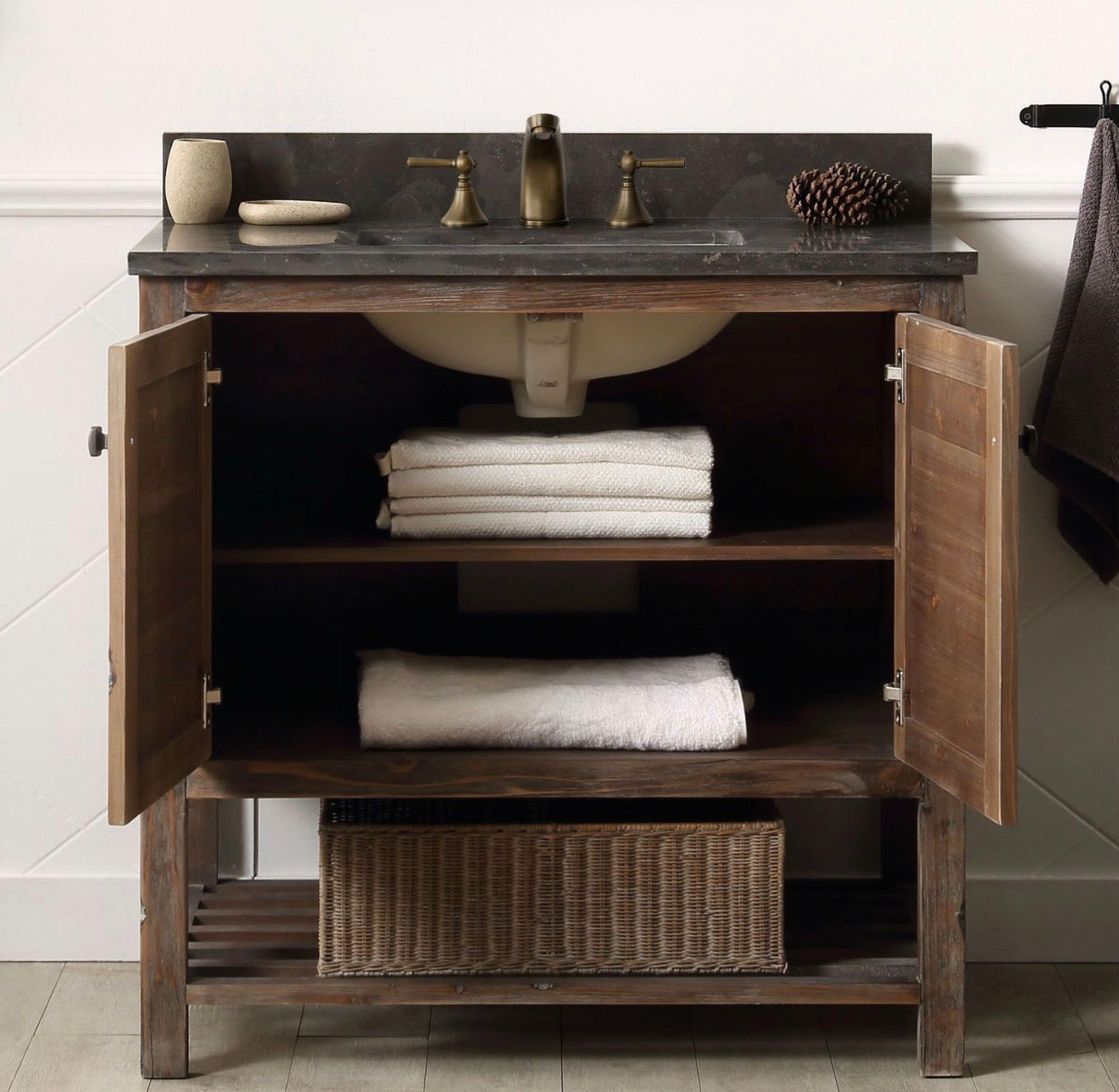 Legion Furniture Solid Wood Bathroom Vanity with Natural Moon Stone Top – Brown Rustic (36", 48", 60")