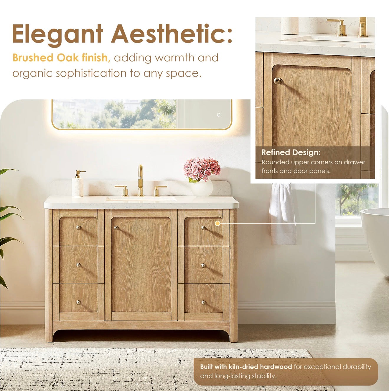 Altair Milner Bathroom Vanity in Brushed Oak with Grain White Engineered Stone Countertop without Mirror