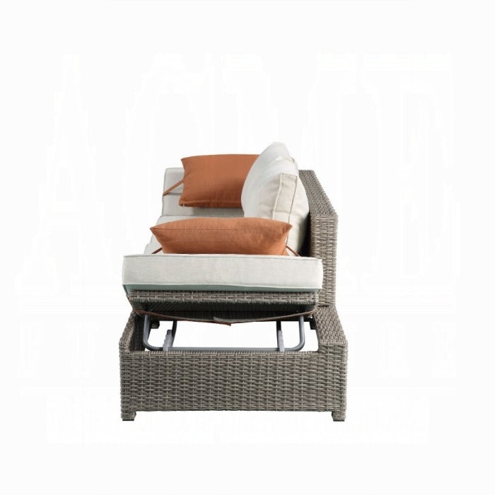 ACME Beige Fabric & Gray Wicker Salena Patio Sofa W/2 Pillows & Ottoman