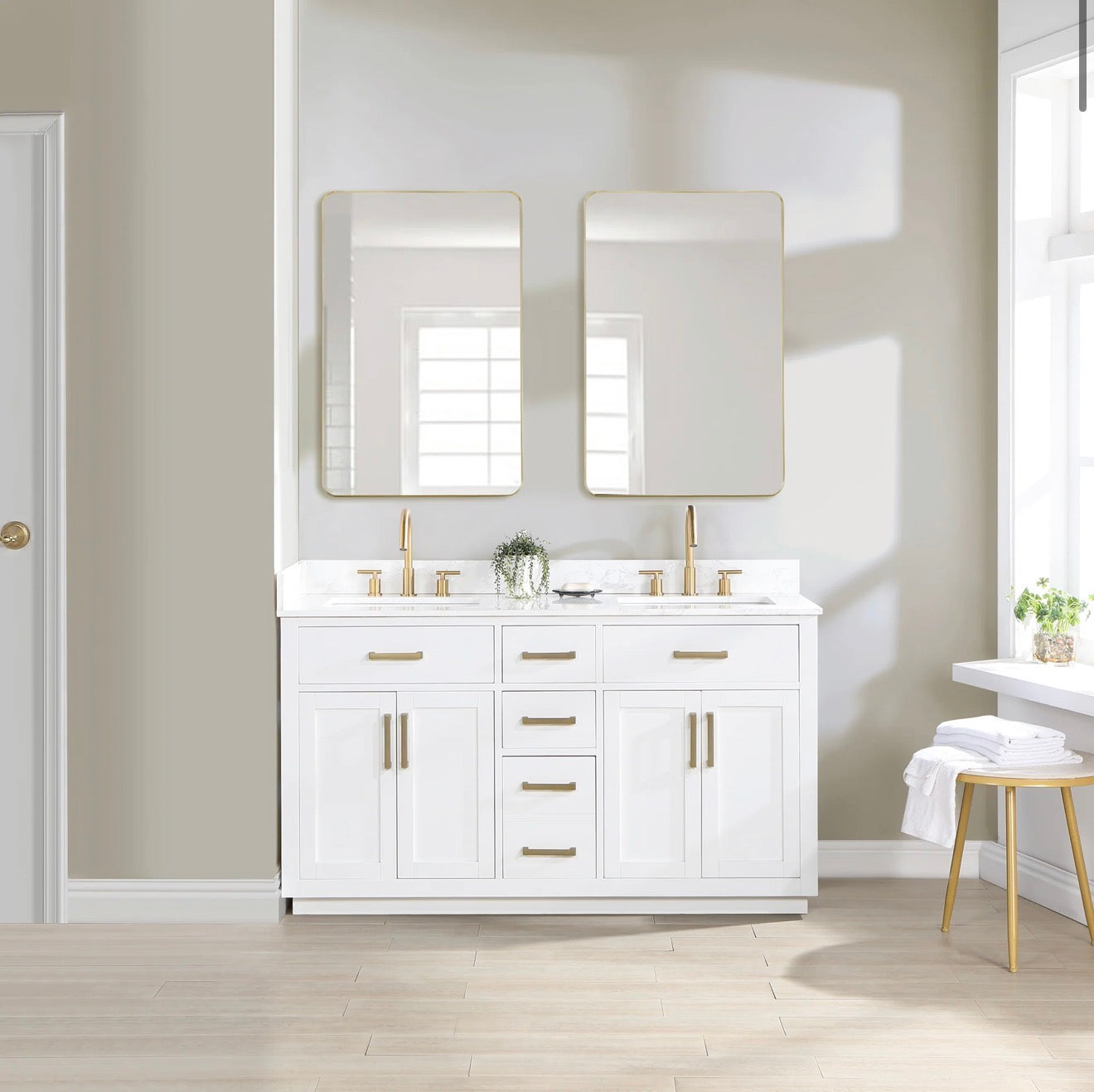 Altair Gavino 60" Double Bathroom Vanity in Light Brown with Grain White Engineered Stone Countertop without Mirror