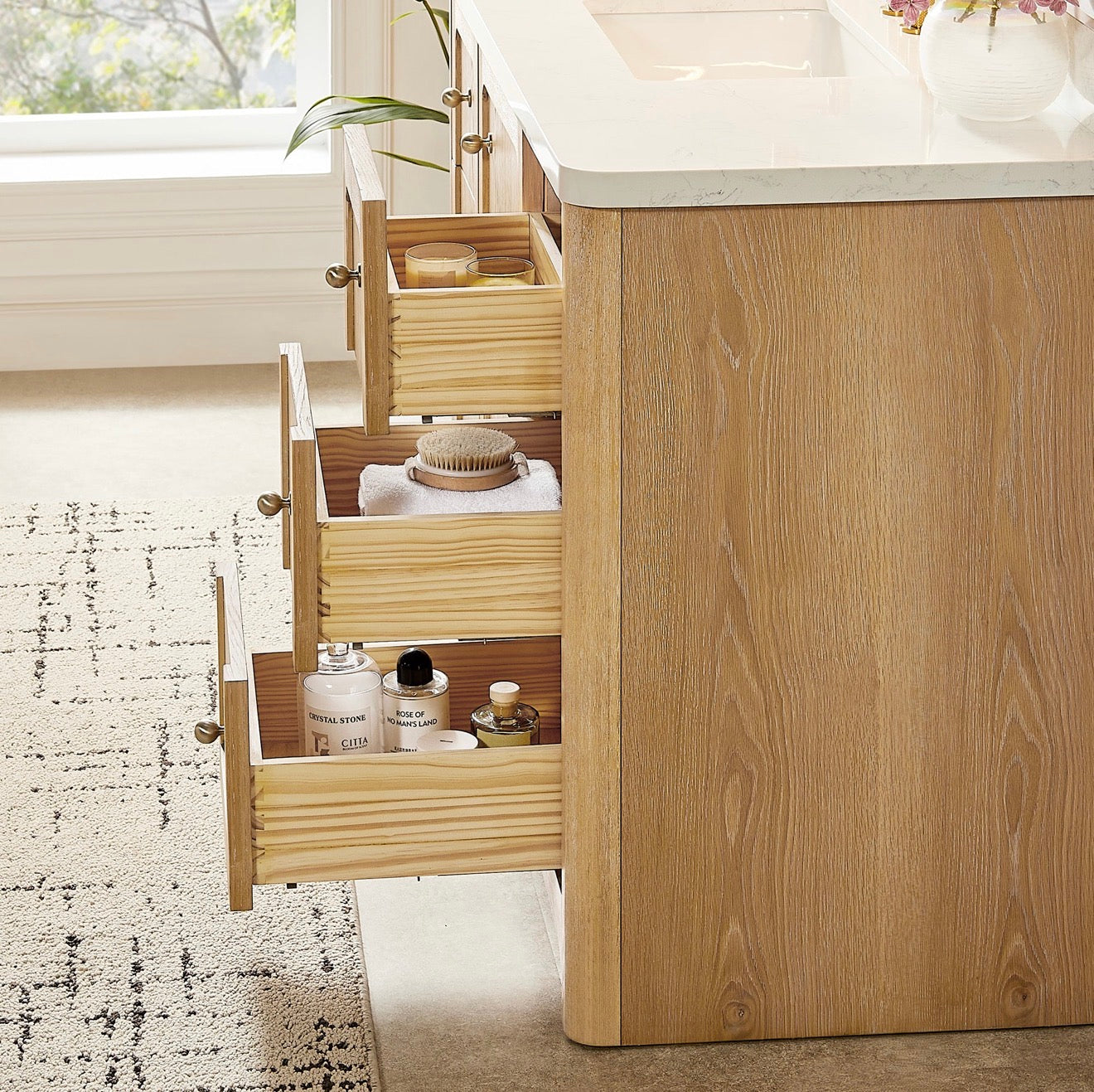 Altair Milner Bathroom Vanity in Brushed Oak with Grain White Engineered Stone Countertop without Mirror