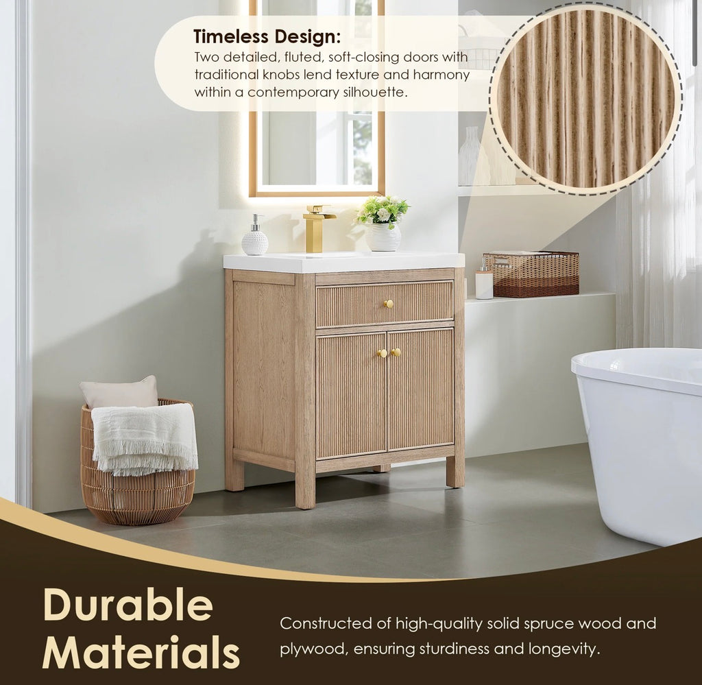 Altair Cerrito 30” single bathroom vanity with white Engineered stone integrated sink without mirror