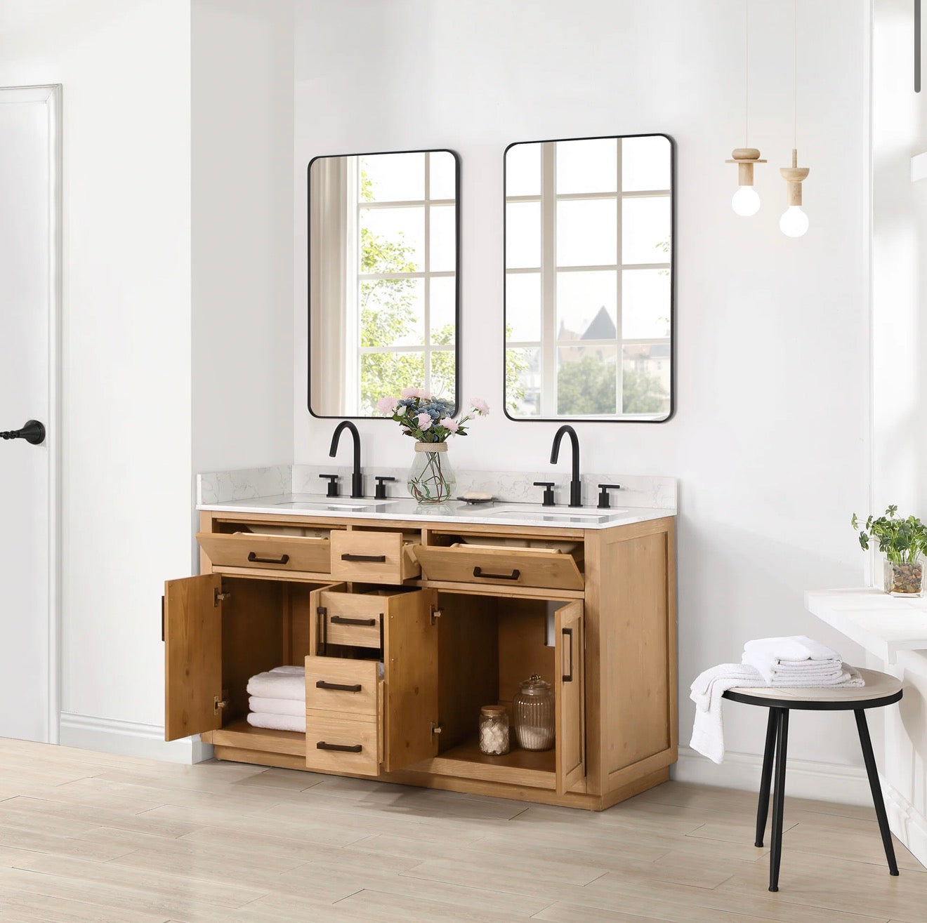 Altair Gavino 60" Double Bathroom Vanity in Light Brown with Grain White Engineered Stone Countertop without Mirror