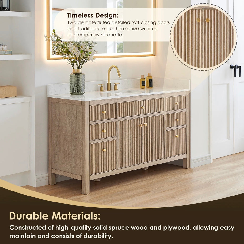 Altair Cerrito 60" Single Bathroom Vanity with Grain White Engineered Stone Countertop without Mirror