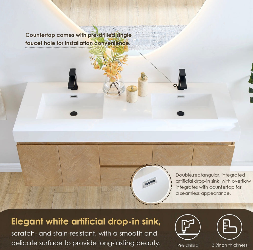 Altair Siena 60" Wall-mounted Double Bathroom Vanity in Light Brown with White Artificial Drop-in Sink