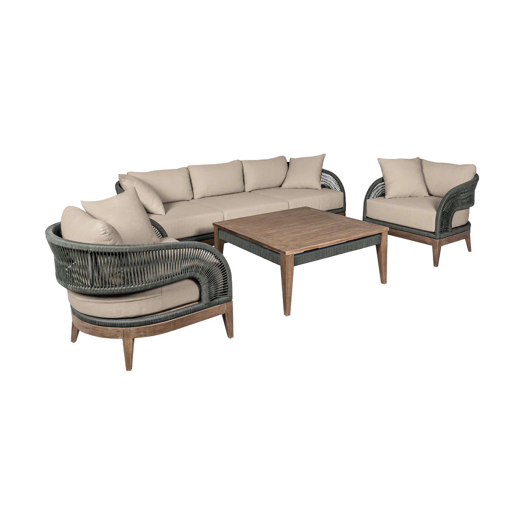 Armen Living Orbit Outdoor Patio 4 Piece Conversation Set in Weathered Eucalyptus Wood with Gray Rope and Taupe Olefin Cushions
