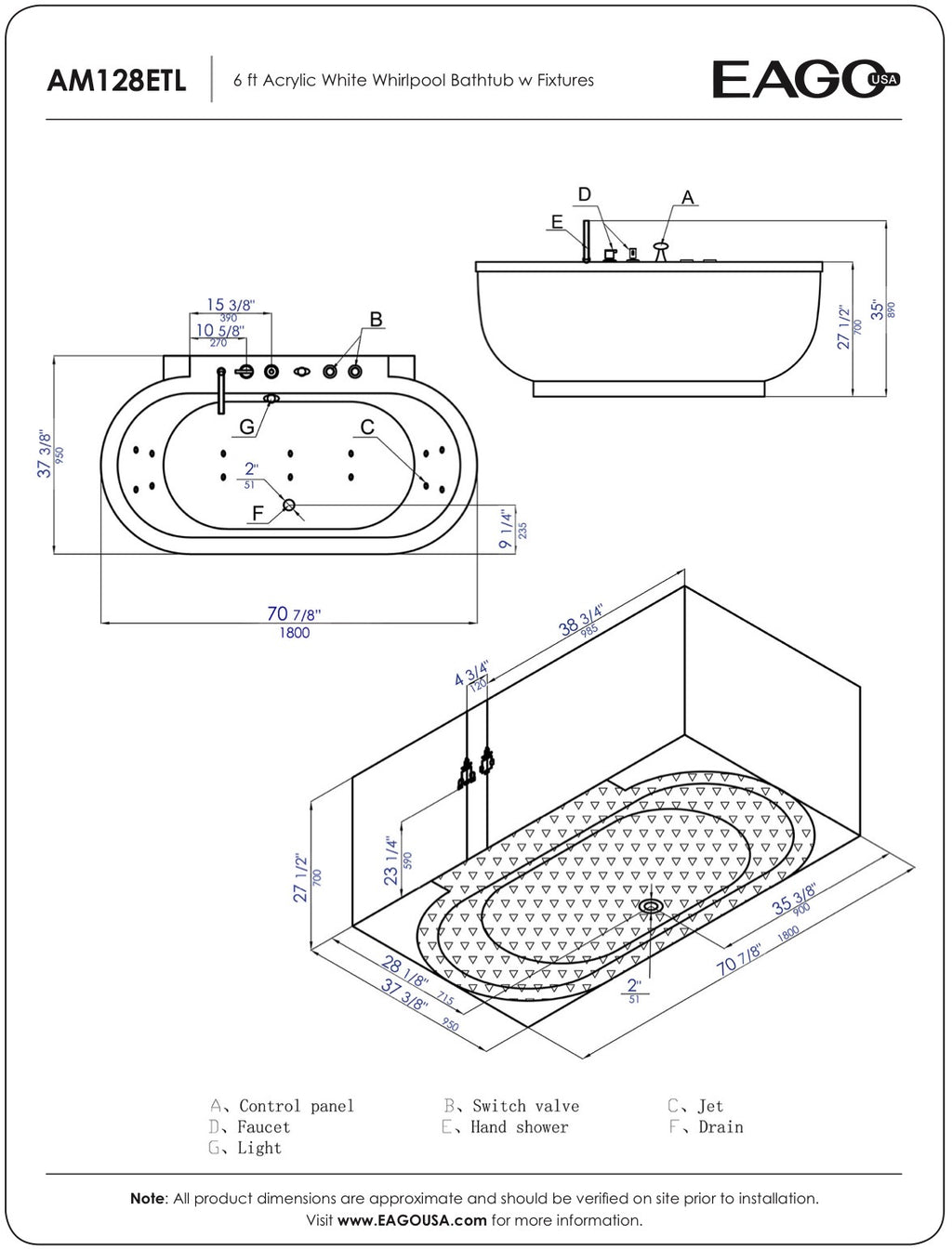EAGO 6 ft Acrylic White Whirlpool Bathtub w Fixtures