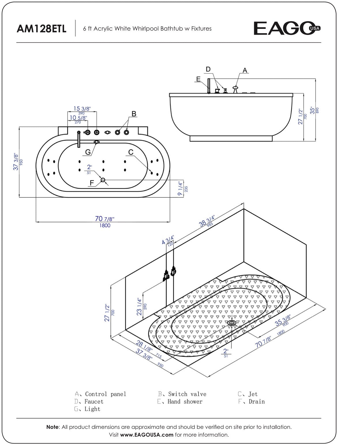EAGO 6 ft Acrylic White Whirlpool Bathtub w Fixtures
