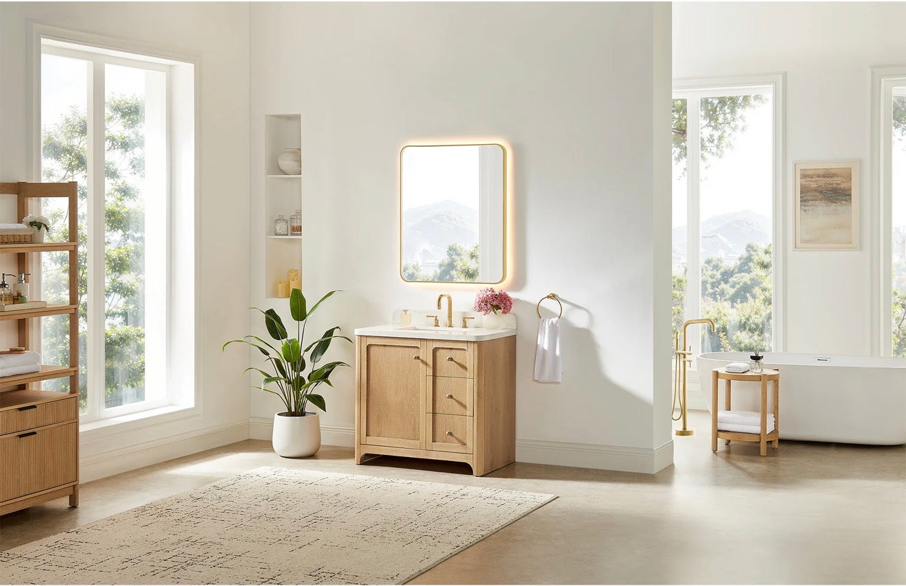 Altair Milner Bathroom Vanity in Brushed Oak with Grain White Engineered Stone Countertop without Mirror