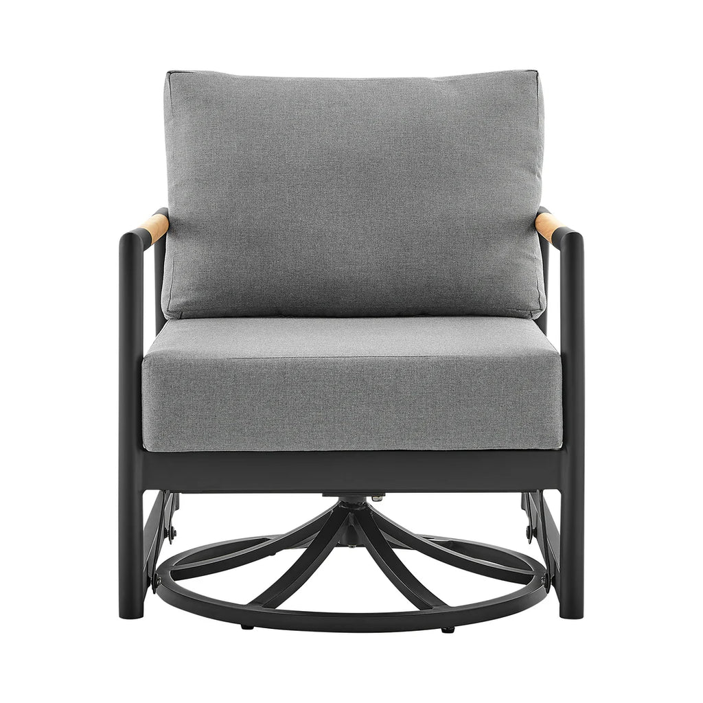 Armen Living Crown Outdoor Patio Swivel Glider Lounge Chair in Black Aluminum and Teak Wood with Cushions