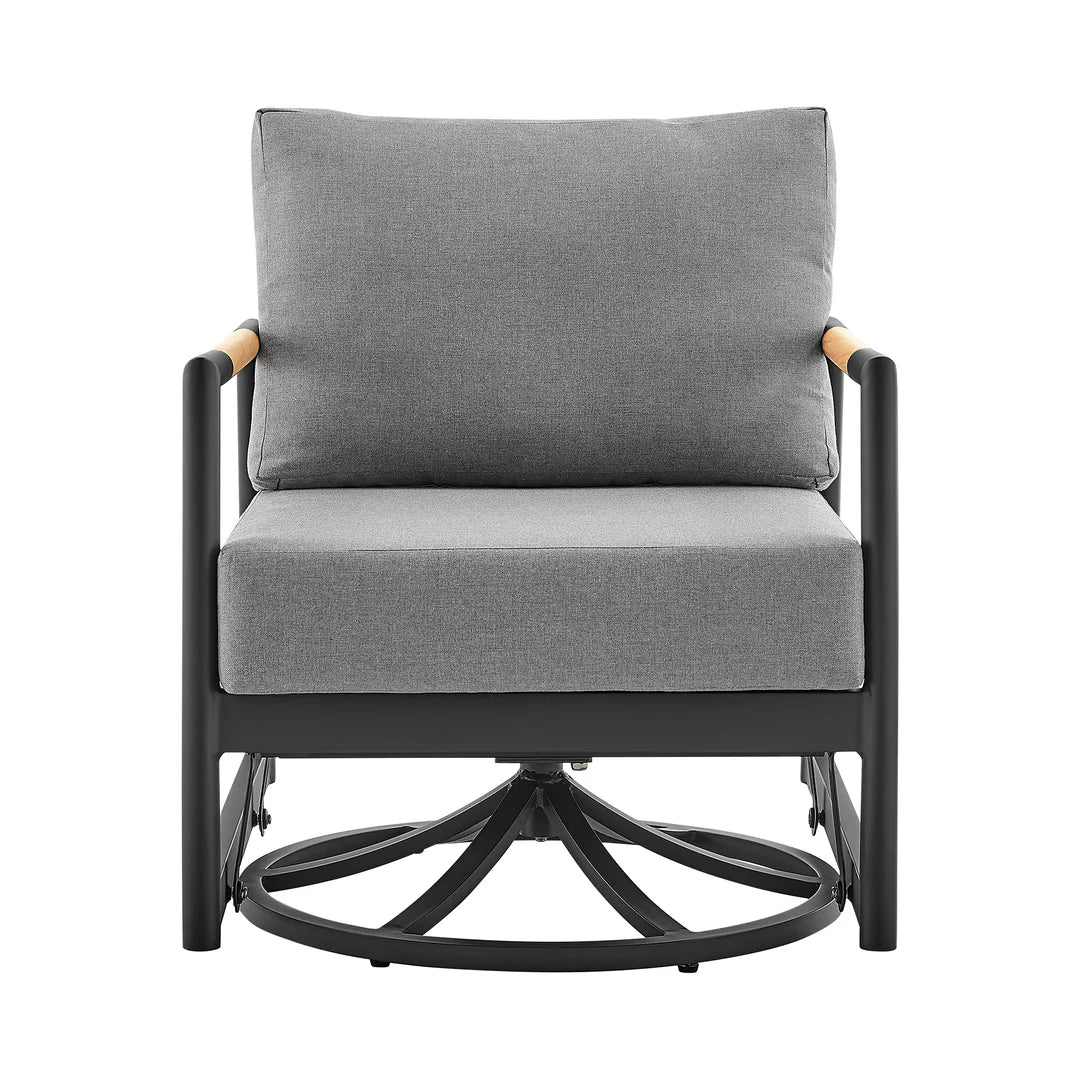 Armen Living Crown Outdoor Patio Swivel Glider Lounge Chair in Black Aluminum and Teak Wood with Cushions