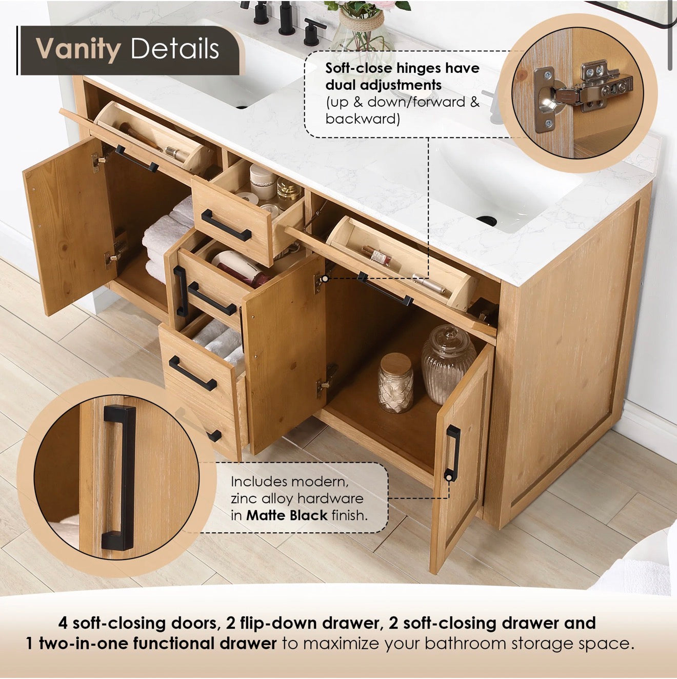 Altair Gavino 60" Double Bathroom Vanity in Light Brown with Grain White Engineered Stone Countertop without Mirror
