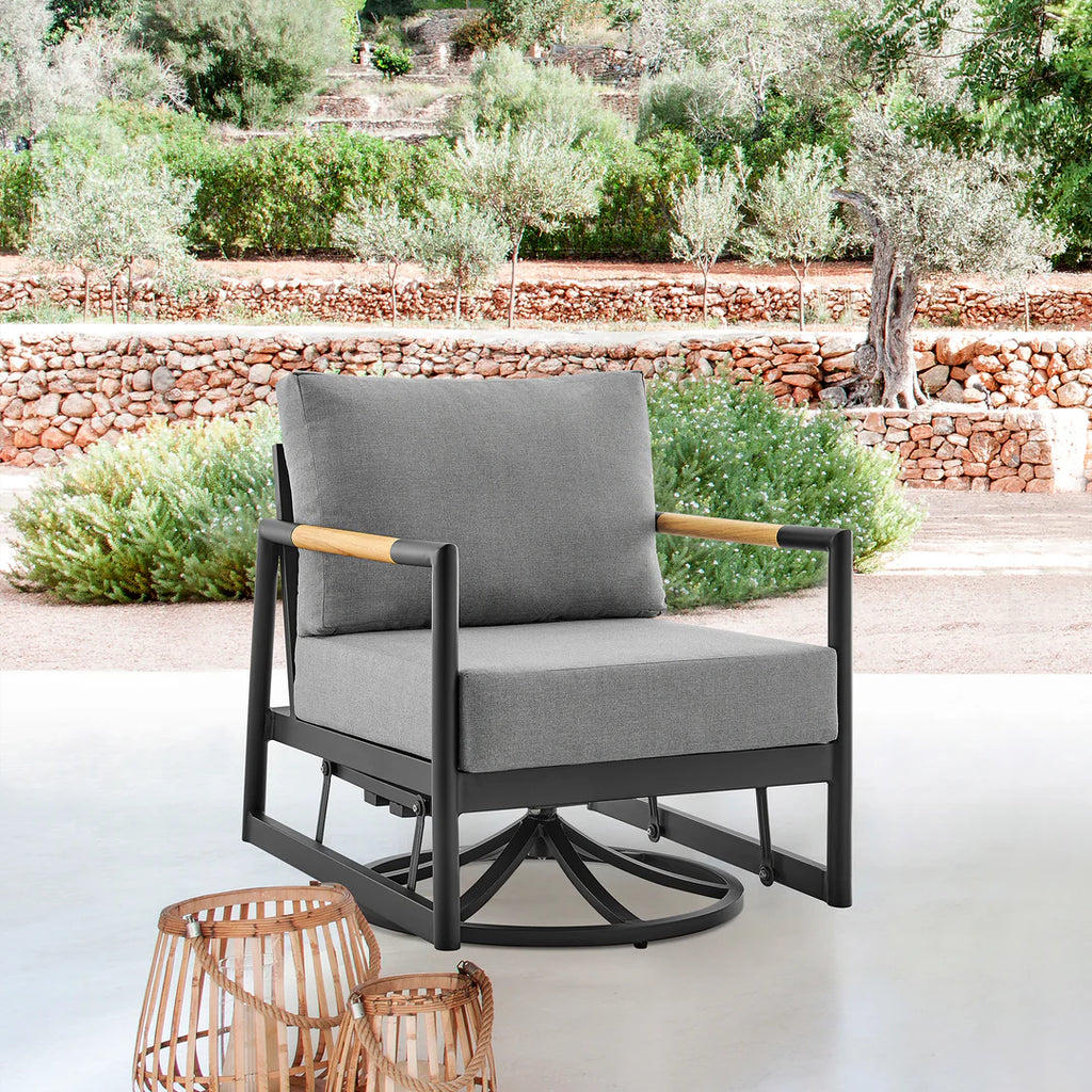 Armen Living Crown Outdoor Patio Swivel Glider Lounge Chair in Black Aluminum and Teak Wood with Cushions