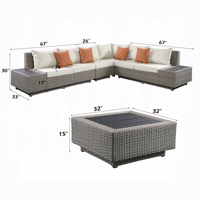 ACME Beige Fabric & Gray Wicker Salena Patio Sectional Sofa W/4 Pillows & Coffee Table