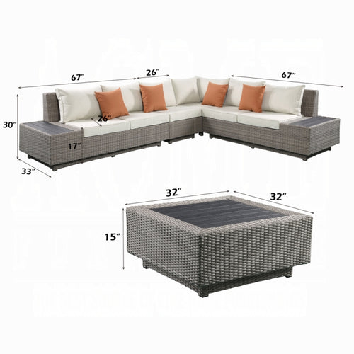 ACME Beige Fabric & Gray Wicker Salena Patio Sectional Sofa W/4 Pillows & Coffee Table
