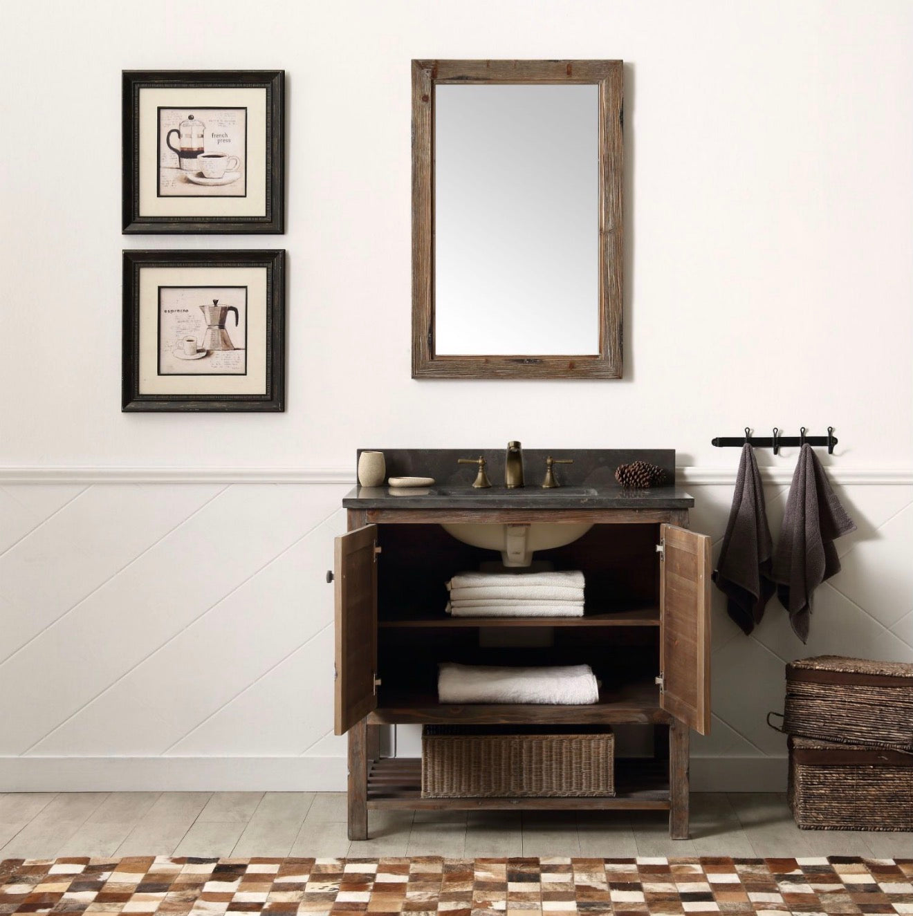 Legion Furniture Solid Wood Bathroom Vanity with Natural Moon Stone Top – Brown Rustic (36", 48", 60")