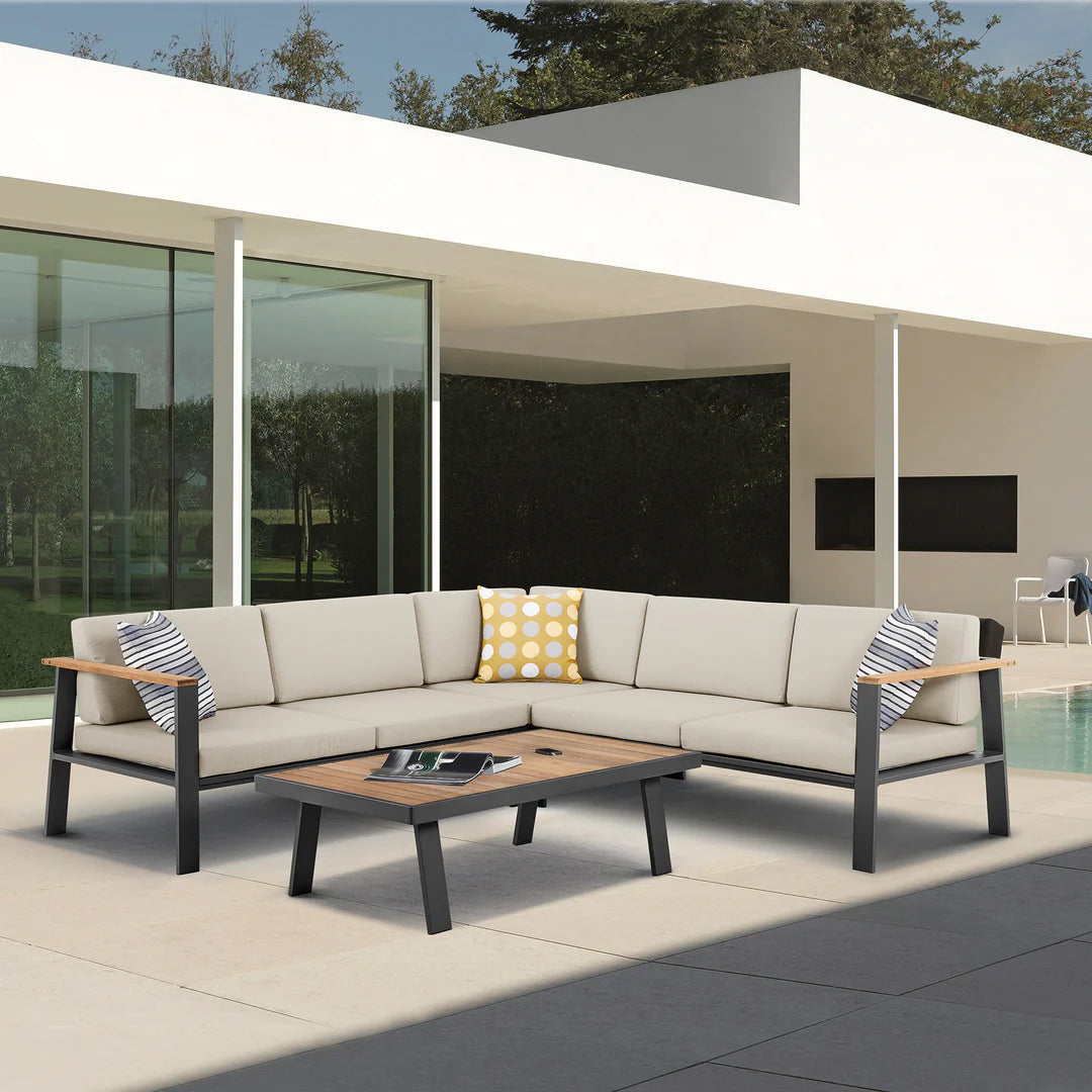 Armen Living Nofi Outdoor Patio Sectional Set in Charcoal Finish with Taupe Cushions and Teak Wood